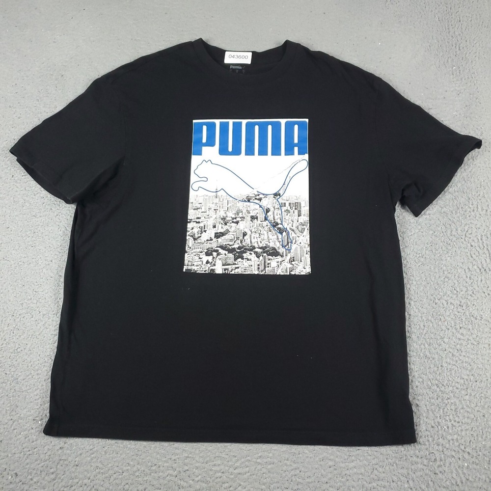 Puma T Shirt Mens Large Black Graphic Short Sleeve Cityscape Logo Tee